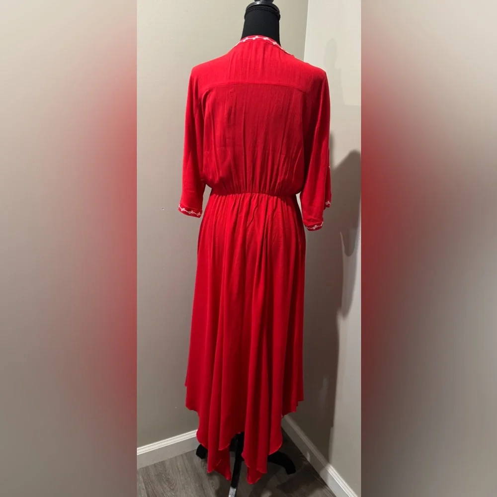 En Creme Red Midi Dress‎ with White Embroidery folk aesthetic modern gypsy Small - Picture 5 of 9
